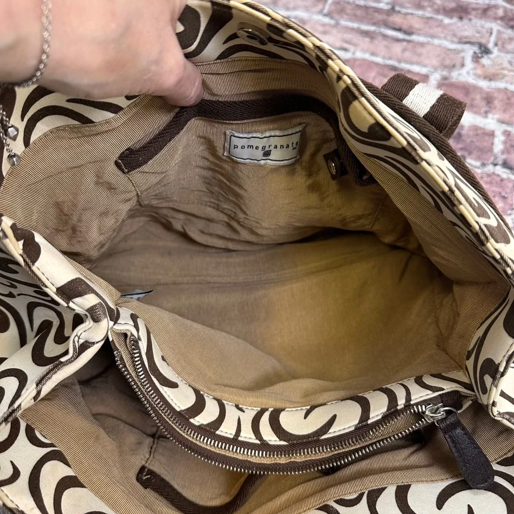 Pomegranate Inc Tote Bag Brown‎ Swirl Print Leather Handle Purse Women Pre-Owned